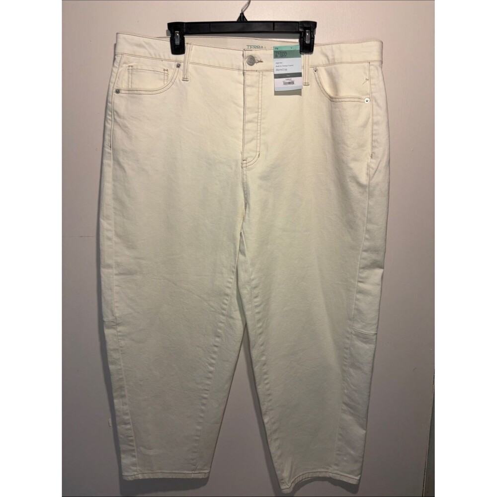 Terra & Sky NWT High Rise Barrel Leg Cream Khaki Tummy Control Waist Size 20W